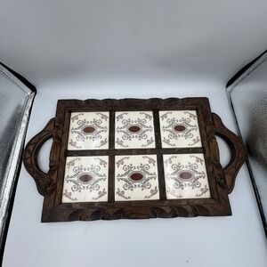 Vintage Hand Carved Mexican Folk Art Wood Serving Tray Ceramic Tiles 22 x 12.5